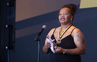 Coach of the Year winner LaShondra Rayford of Las Vegas High School accepts her award during the 2023 Sun Standout Awards at the South Point Showroom Monday, May 22, 2023.