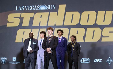 Members of the Silverado High school basketball team accept the Game of the Year award during the 2023 Sun Standout Awards at the South Point Showroom Monday, May 22, 2023. Laborers Union, Local 872, sponsored the award.