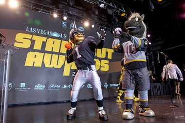 Raider Rusher, left, mascot of the Las Vegas Raiders, and Lucky, mascot of the Henderson Silver Knights, throw balls into the audience at the conclusion of the 2023 Sun Standout Awards at the South Point Showroom Monday, May 22, 2023.