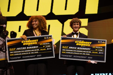 Justine Dunaway and Bruce Woodbury receive the awards for Scholar Athletes of the Year, along with a check for $2,500 each, during the Las Vegas Sun Standout Awards at the South Point Hotel Casino & Spa, Monday May 23, 2023.