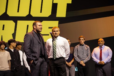Coaches Zach Hocker and Jacob Rollans make a few remarks on behalf of SLAM Nevada Wrestling as they are presented with the award for Team of the Year during the Las Vegas Sun Standout Awards at the South Point Hotel Casino & Spa, Monday May 23, 2023.
