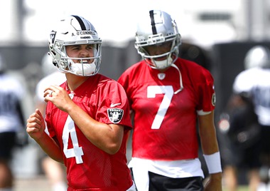 Las Vegas Raiders quarterbacks Aidan OConnell (4) and Brian Hoyer (7) practice during organized team activities (OTA) at the Las Vegas Raiders headquarters/Intermountain Health Performance Center in Henderson Thursday, May 25, 2023.