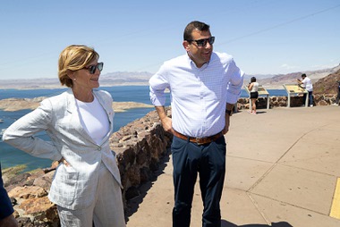 A scenic view of a diminished Lake Mead served as the backdrop for U.S. Reps. Susie Lee, D-Nevada, and David Valadao, R-Calif., to discuss water issues that span state lines.

