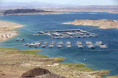 A view of the Lake Mead Marina and Las Vegas Boar Harbor from the Lakeview Overlook at Lake Mead Friday, May 26, 2023.