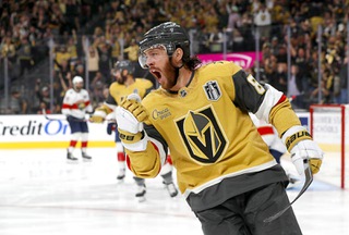 Vegas Golden Knights right wing Jonathan Marchessault (81) celebrates after scoring against the Florida Panthers during the third period in Game 2 of the Stanley Cup Final at T-Mobile Arena Monday, June 5, 2023, in Las Vegas.