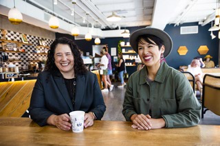 Administrator of the U.S. Small Business Administration Isabella Casillas Guzman, left, and owner of Mothership Coffee Juanny Romero, are interviewed by the Las Vegas Sun at Mothership Coffees Fergusons Downtown location Wednesday, June 7, 2023.