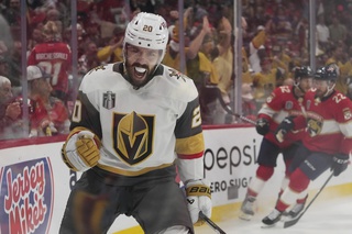 Vegas Golden Knights center Chandler Stephenson (20) celebrates after scoring a goal during the first period in Game 4 of the NHL hockey Stanley Cup Finals against the Florida Panthers, Saturday, June 10, 2023, in Sunrise, Fla. 