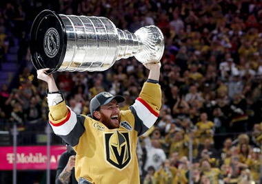 Vegas Golden Knights right wing Jonathan Marchessault (81) skates the Stanley Cup Trophy after the Vegas Golden Knights beat the Florida Panthers 9-3 in Game 5 to win the Stanley Cup Final at T-Mobile Arena Tuesday, June 13, 2023, in Las&nbsp;Vegas.