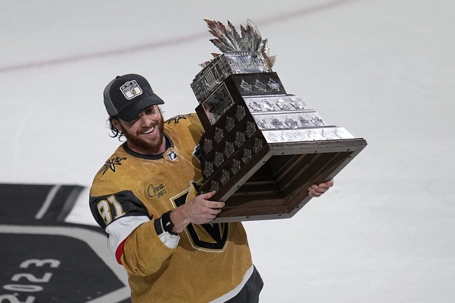 Vegas Golden Knights right wing Jonathan Marchessault hold the Conn Smythe Trophy after the Knights defeated the Florida Panthers 9-3 in Game 5 of the NHL hockey Stanley Cup Finals against the Florida Panthers Tuesday, June 13, 2023, in Las Vegas. The Knights won the series 4-1.



