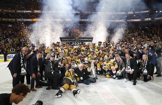 The Vegas Golden Knights pose for a team photo after the Golden Knights beat the Florida Panthers 9-3 in Game 5 to win the Stanley Cup Final at T-Mobile Arena Tuesday, June 13, 2023, in Las Vegas.