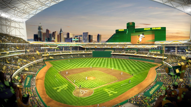 This rendering provided by the Oakland Athletics on May 26, 2023, shows a view of their proposed new ballpark at the Tropicana site in Las Vegas.