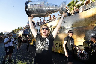 Vegas Golden Knights center William Karlsson celebrates during a Golden Knights victory parade on the Las Vegas Strip Saturday, June 17, 2023. Right wing Reilly Smith is at right. The Golden Knights defeated the Florida Panthers at T-Mobile Arena Tuesday to win the Stanley Cup Final. 