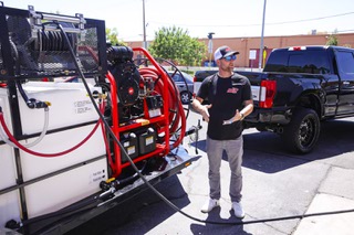 Aaron Muller, President of Hotsy of Las Vegas, shows the companys water reclamation system at Red Rock Window Cleaning Tuesday, June 27, 2023. The system reduces the amount of water used during pressure washing by up to 80 percent.