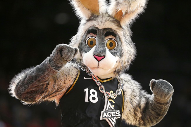 Las Vegas Aces mascot Buckets performs during the second half of a WNBA basketball game at the Michelob Ultra Arena at Mandalay Bay Thursday, June 29, 2023.