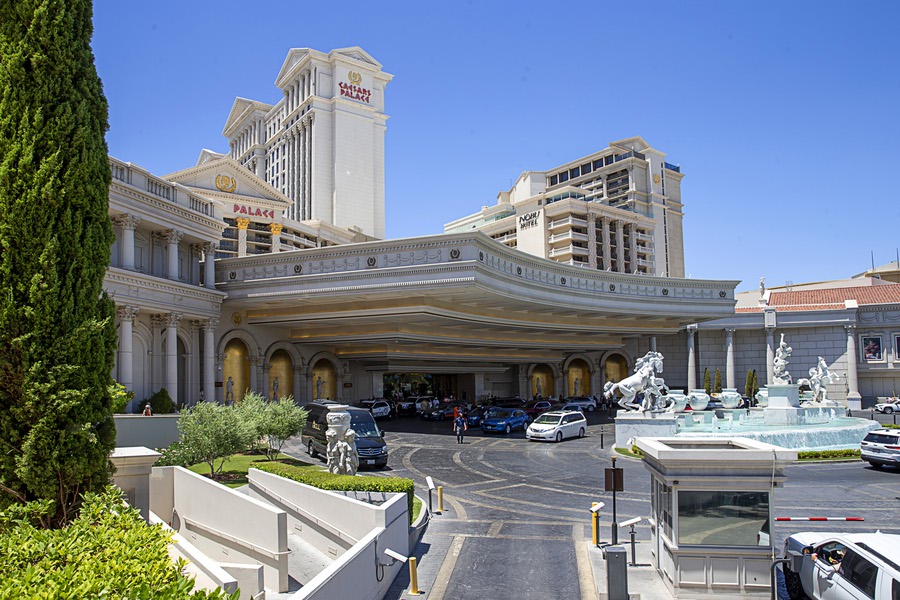 An exterior view of the porte cochere at Caesars Palace Tuesday, July 11, 2023.