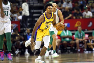 Former UNLV Rebel Bryce Hamilton takes the ball upcourt during the second half of NBA summer league basketball game between the Los Angeles Lakers and the Boston Celtics at the Thomas & Mack Center Wednesday, July 12, 2023.