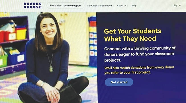 A screenshot shows a webpage on the Donors Choose online platform for teachers raising funds for their classrooms. Donors Choose lists more than 1,200 
projects for schools in the Las Vegas area.