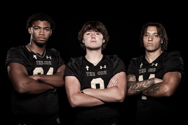 Members of the Faith Lutheran High School football team are pictured during the Las Vegas Sun's high school football media day at the Red Rock Resort on July 20, 2023. They include, from left, Clayton McCarrell, Caden Chittenden and Cale Breslin.