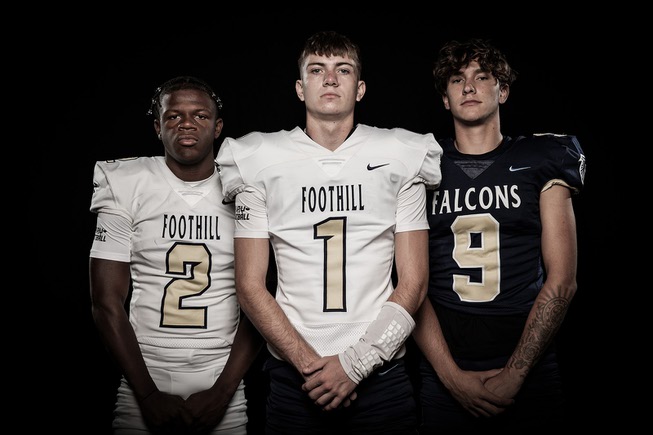 Members of the Foothill High School football team are pictured during the Las Vegas Sun's high school football media day at the Red Rock Resort on July 20, 2023. They include, from left, Tarrell Mack-Lovely, Travis Kenzevich and Mason Dew.