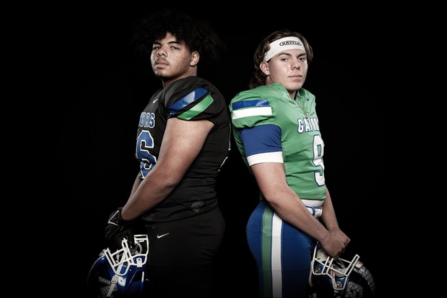 Members of the Green Valley High School football team are pictured during the Las Vegas Sun's high school football media day at the Red Rock Resort on July 20, 2023. They include, from left, Herbert Ware and Jack Thow.