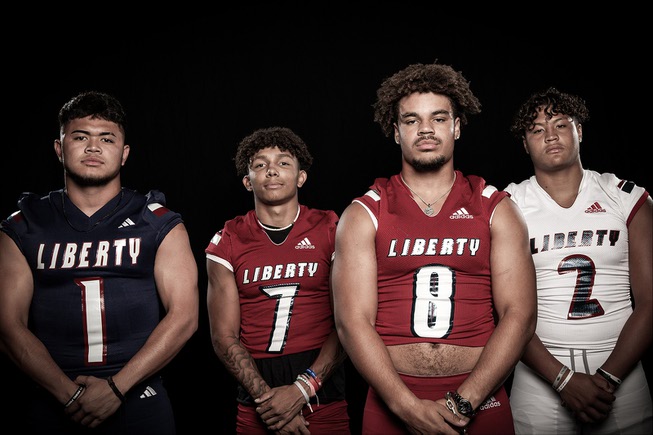 Members of the Liberty High School football team are pictured during the Las Vegas Sun's high school football media day at the Red Rock Resort on July 20, 2023. They include, from left, Kahekili Paaoao, Jayden Robertson, Jay Beasley and Andre Porter.