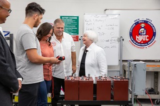 US Secretary of Treasury Janet Yellen takes a tour of the Electrical JATC of Southern Nevada to see their renewable energy program, Monday Aug. 14, 2023.