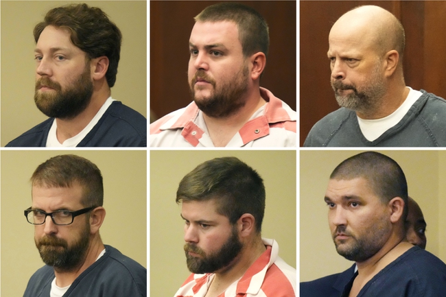 This combination of photos shows, from top left, former Rankin County sheriff’s deputies Hunter Elward, Christian Dedmon, Brett McAlpin, Jeffrey Middleton, Daniel Opdyke and former Richland police officer Joshua Hartfield appearing at the Rankin County Circuit Court in Brandon, Miss., Monday, Aug. 14, 2023. The six white former Mississippi law officers pleaded guilty to state charges on Monday for torturing two Black men in a racist assault that ended with a deputy shooting one victim in the mouth.

