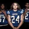 Members of the Basic High School football team are pictured during the Las Vegas Sun's high school football media day at the Red Rock Resort on July 20, 2023. They include, from left, Antoine Taylor, Robert Wren and Zuri Whiters.