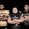 Members of the Clark High School football team are pictured during the Las Vegas Sun's high school football media day at the Red Rock Resort on July 20, 2023. They include, from left, Mike Smith Jr., Sebastian Reynaga and Adrian Soto.