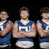 Members of the Moapa Valley High School football team are pictured during the Las Vegas Sun's high school football media day at the Red Rock Resort on July 20, 2023. They include, from left, Ryan Bellavance, Gavyn Frederick and Degan Jones.