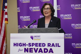 U.S. Senator Jacky Rosen (D-NV) speaks during a press conference held to announce the latest actions to bring a high-speed rail to Nevada at the Clark County Building Department of Environment & Sustainability Friday, Aug. 18, 2023.