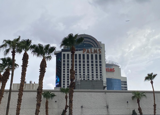 Rain was falling around the Las Vegas Strip on Friday, Aug. 18, 2023. The streets are wetted in the area near the Palms.