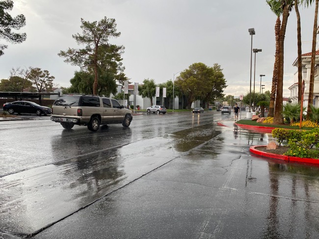 Rain was falling around the Las Vegas Strip on Friday, Aug. 18, 2023. The streets are wetted in the area near the Palms.
