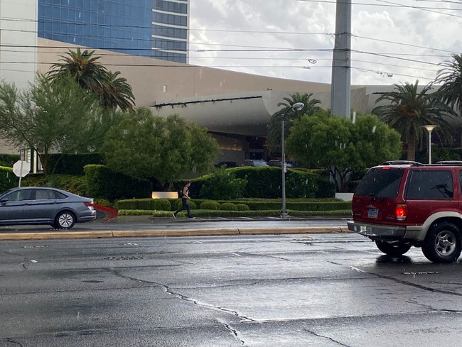 Rain was falling around the Las Vegas Strip on Friday, Aug. 18, 2023. The streets are wetted in the area near the Palms.