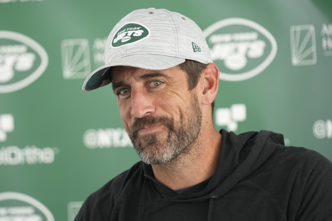 New York Jets quarterback Aaron Rodgers talks to reporters after a joint practice with the Tampa Bay Buccaneers at the Jets' training facility in Florham Park, N.J., Wednesday, Aug. 16, 2023. 


