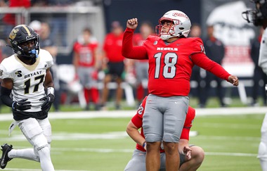UNLV Rebels place kicker Jose Pizano (18) watches as the ball goes through the uprights for a field goal during the second half of the Rebels season opener against the Bryant University Bulldogs at Allegiant Stadium Saturday, Sept. 2, 2023.