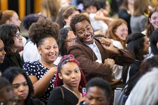 Students dance an impromptu dance party at lunch during the Las Vegas Sun Youth Forum at Clark High School Monday, Sept. 11, 2023. Antron Johnson of College of Southern Nevada -Henderson, is at center.