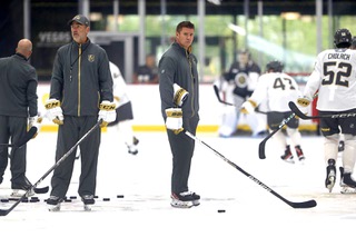 Henderson Silver Knights head coach Ryan Craig, center, watches players during Vegas Golden Knights rookie practice at City National Arena in Summerlin Thursday, Sept. 14, 2023.