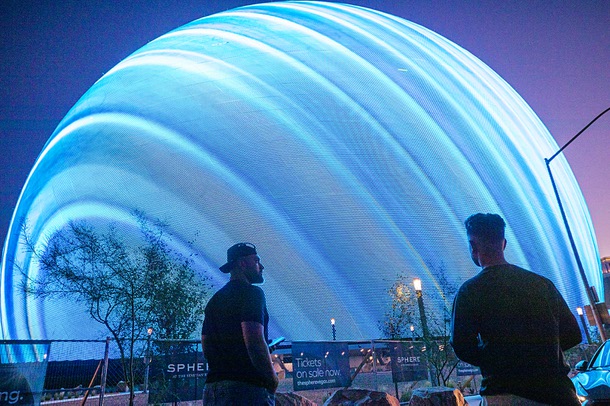Gagan Samra, left, and Dipa Lidder of Seattle, Wash., look over The Sphere at The Venetian Resort, previously referred to as MSG Sphere, on Sands Avenue Saturday, Sept. 9, 2023.