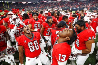 UNLV players celebrate after defeating Vanderbilt 40-37 in an NCAA football game at Allegiant Stadium Saturday, Sept. 16, 2023.
