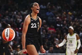 Las Vegas Aces forward A'ja Wilson (22) celebrates after scoring during the second half of Game 1 in a WNBA basketball semifinal playoff series against the Dallas Wings Sunday, Sept. 24, 2023, in Las Vegas.