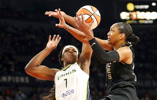 during the second half of Game 2 in a WNBA basketball semifinal playoff series at Michelob Ultra Arena in Mandalay Bay Tuesday, Sept. 26, 2023.