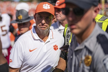 Clemson head coach Dabo Swinney walks off the field after losing to Florida State in overtime in an NCAA college football game Saturday, Sept. 23, 2023, in Clemson, S.C. 