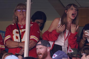 Taylor Swift, right, watches from a suite alongside Travis Kelce's mother, Donna Kelce, inside Arrowhead Stadium during the first half of an NFL football game between the Chicago Bears and Kansas City Chiefs Sunday, Sept. 24, 2023, in Kansas City, Mo.