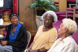 Longtime residents of Windsor Park in North Las Vegas, from left, Annie L. Walker, Barbara Carter and Myrtle Wilson speak to the press on the hardship caused by the sinking land their neighborhood is set upon Wed. Oct 4, 2023.