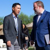 Teddy Liaw, left, founder of NexRep, talks with Nevada State Treasurer Zach Conine during the Vegas Tech Summit at the Summit Club in Summerlin Thursday, Oct. 5, 2023.
