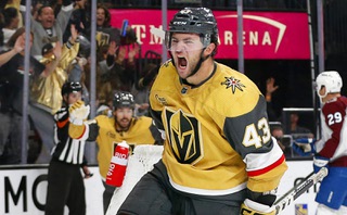 Vegas Golden Knights center Paul Cotter (43) celebrates after scoring the winning goal against the Colorado Avalanche during the third period of an NHL preseason hockey game at T-Mobile Arena Thursday, Oct. 5, 2023.