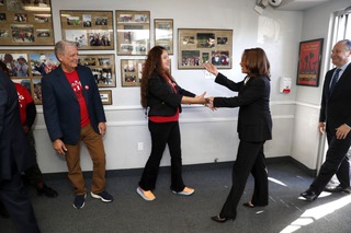 Vice President Kamala Harris and first gentleman Douglas Emhoff visit Thursday at Culinary Union Local 226 headquarters in Las Vegas and greet Local President Diana Valles and Secretary-Treasurer Ted Pappageorge. Harris told workers at the union hall that they were “true champions for working people.”
