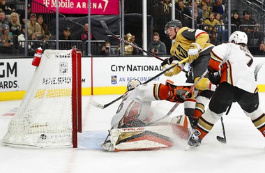 Vegas Golden Knights center Jack Eichel (9) scores against Anaheim Ducks goaltender John Gibson (36) during the first period of an NHL hockey game at T-Mobile Arena Saturday, Oct. 14, 2023.