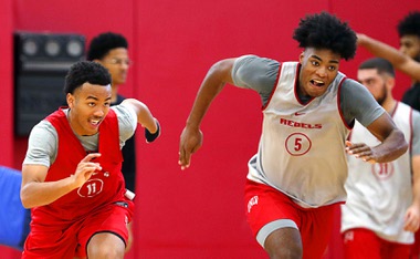 UNLV guard D.J. Thomas (11) and forward Rob Whaley Jr. (5) run a drill during the official first day of practice at Mendenhall Center Wednesday, Sept. 27, 2023.